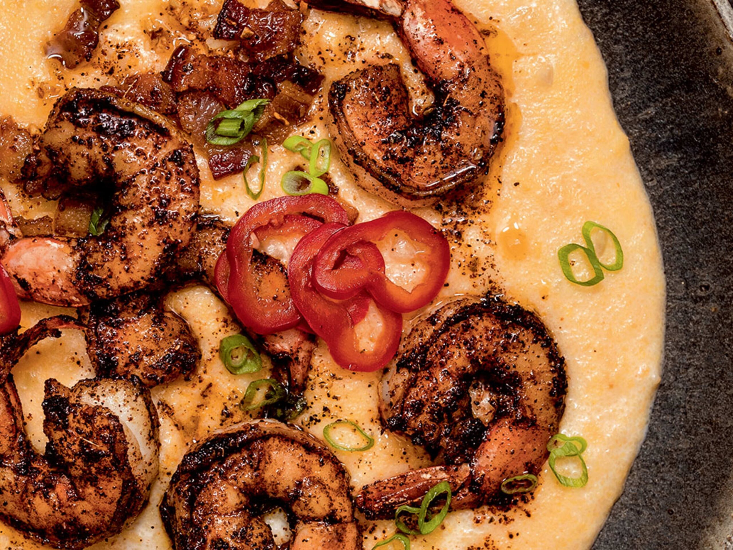 Bobby Flay s Spice Crusted Shrimp With Cheesy Grits And Pickled Chiles Recipe Parade