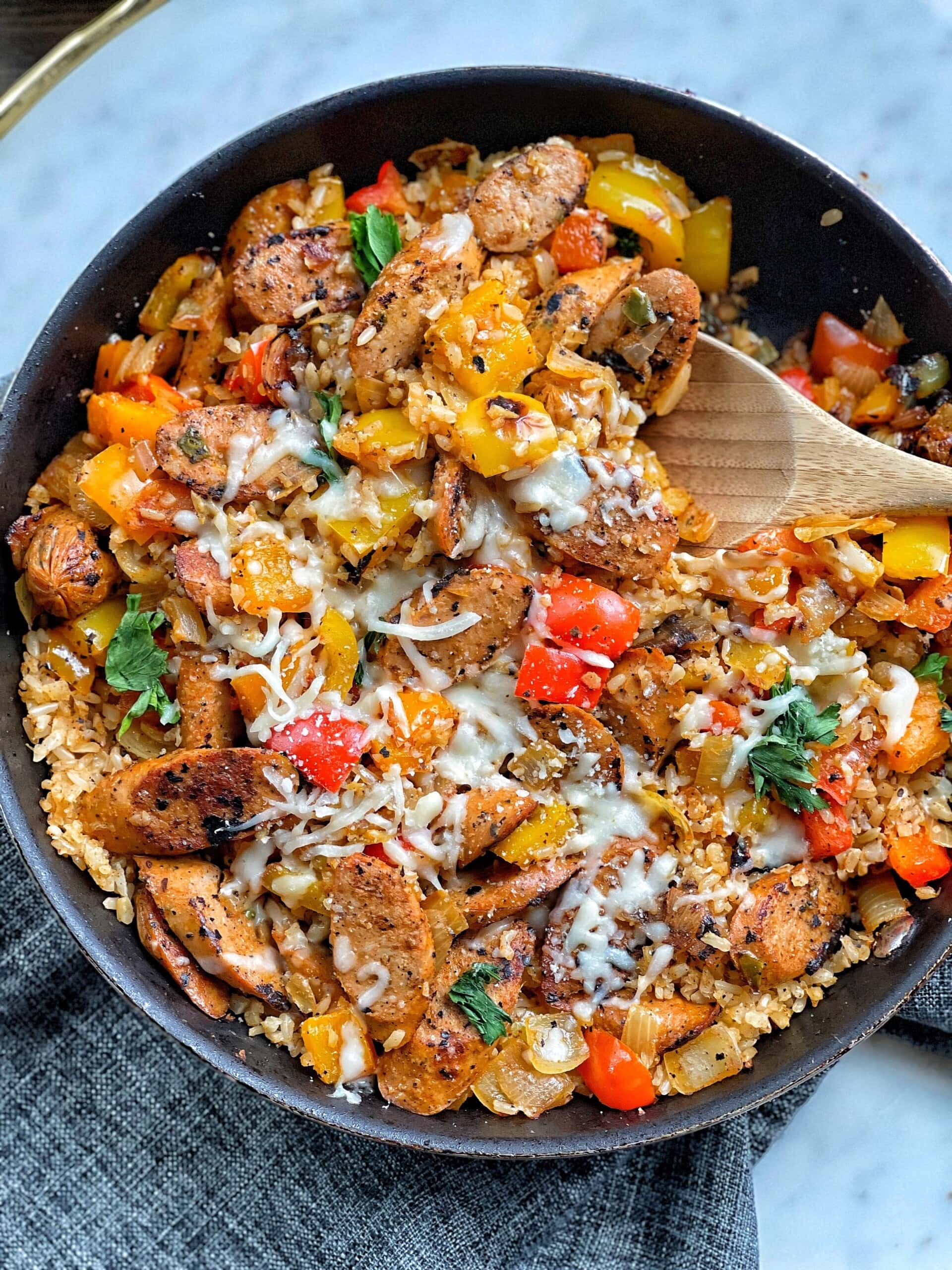 Chicken Sausage Pepper And Cauliflower Rice Skillet Sweet Savory And Steph
