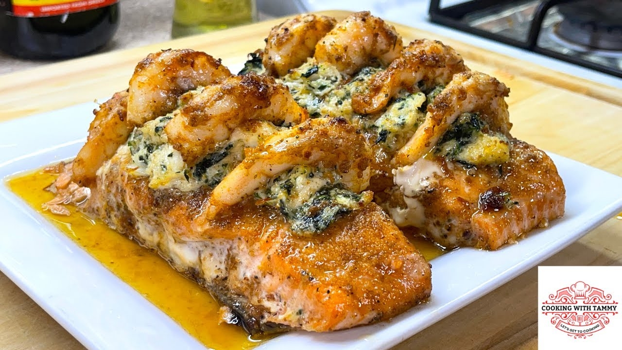 Crab Stuffed Salmon Recipe Spinach Crab Stuffed Salmon And Shrimp YouTube