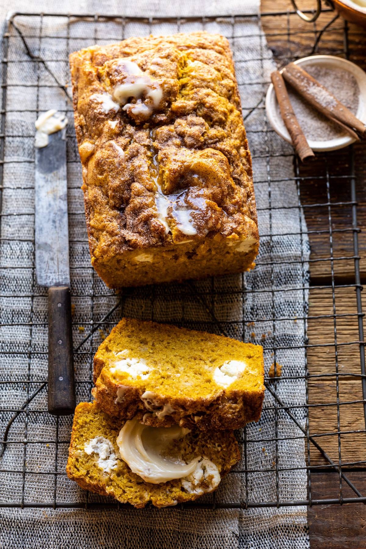 Cream Cheese Swirled Pumpkin Bread With Salted Maple Butter Half Baked Harvest