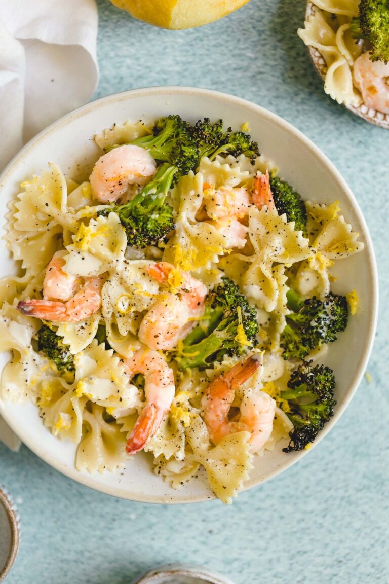 Farfalle Pasta With Shrimp Roasted Broccoli Lemon And Parmesan Andie Mitchell