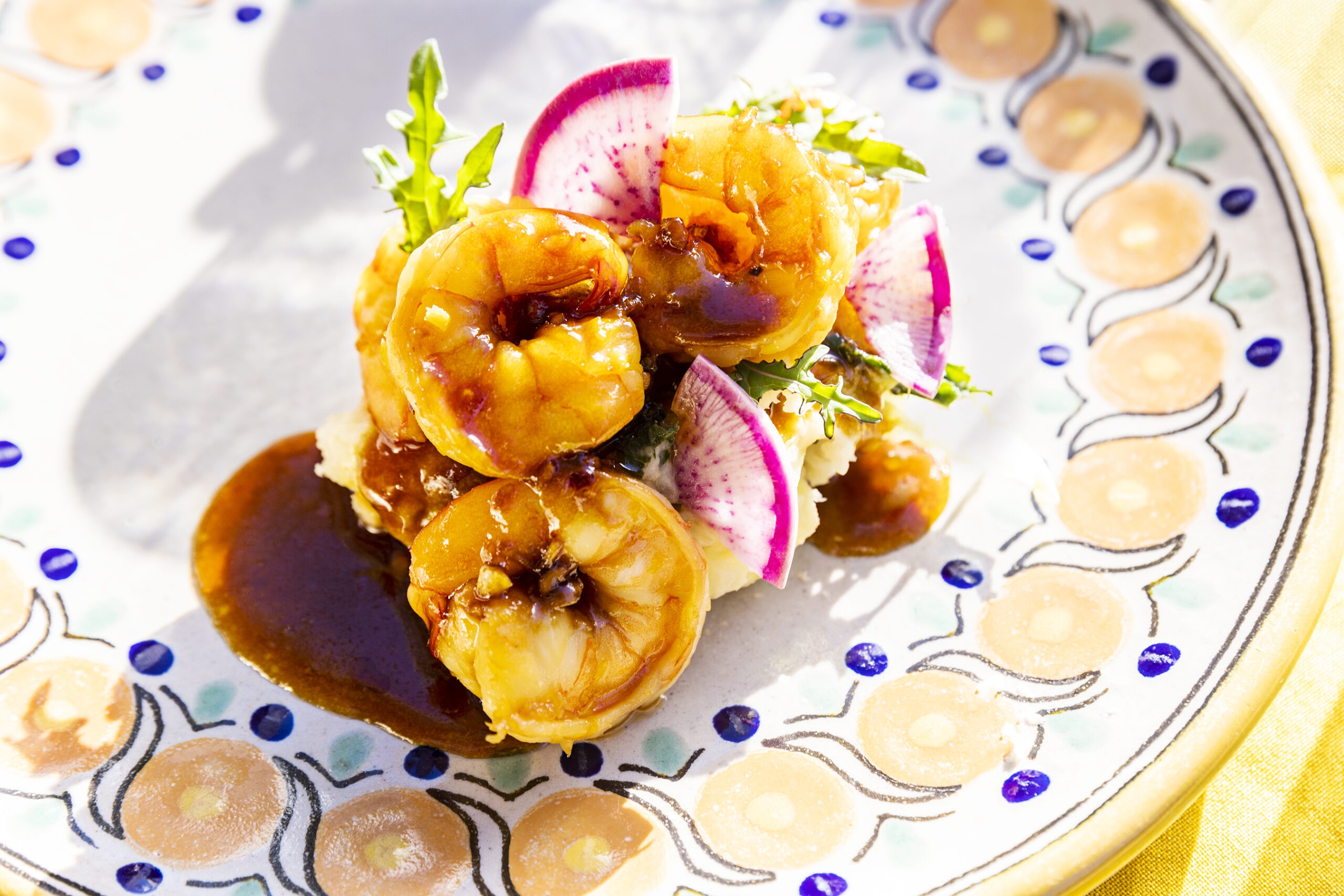 Honey Garlic Shrimp Over Mashed Potatoes With Cabbage And Kale Rancho La Puerta