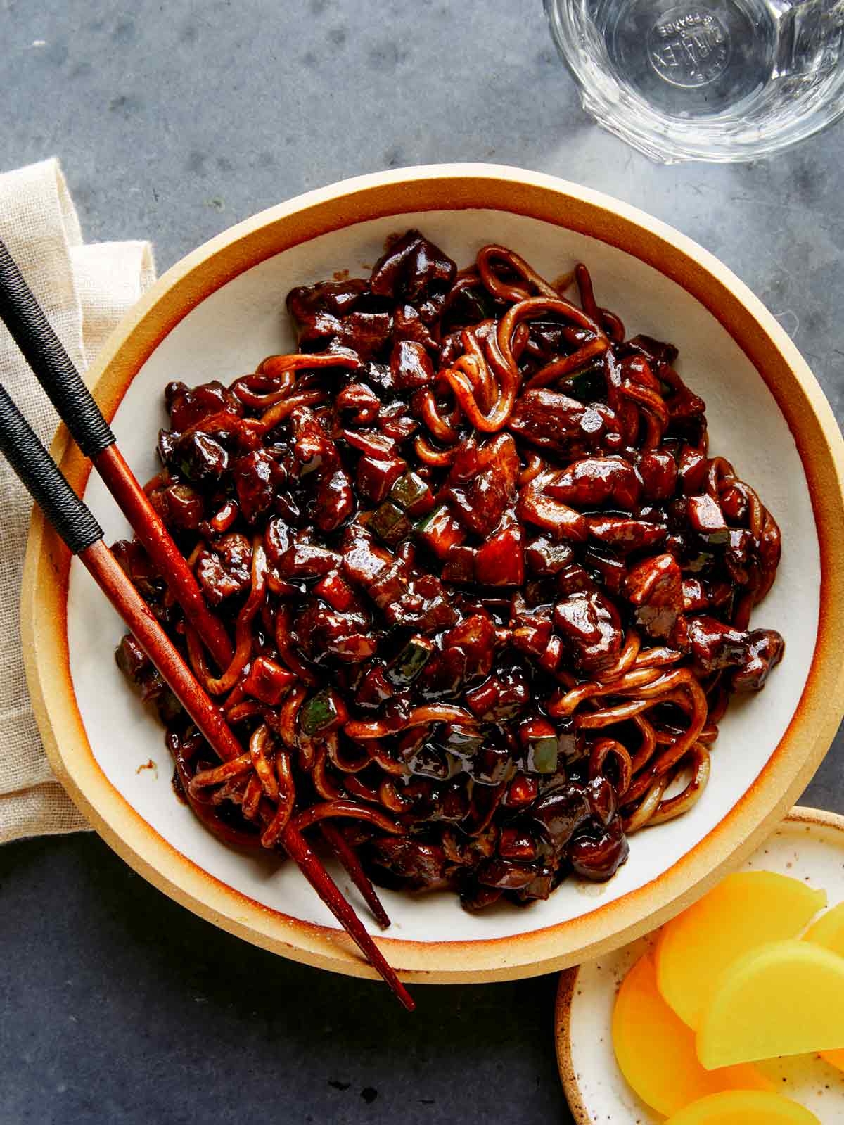Jajangmyeon Noodles With Black Bean Sauce Spoon Fork Bacon