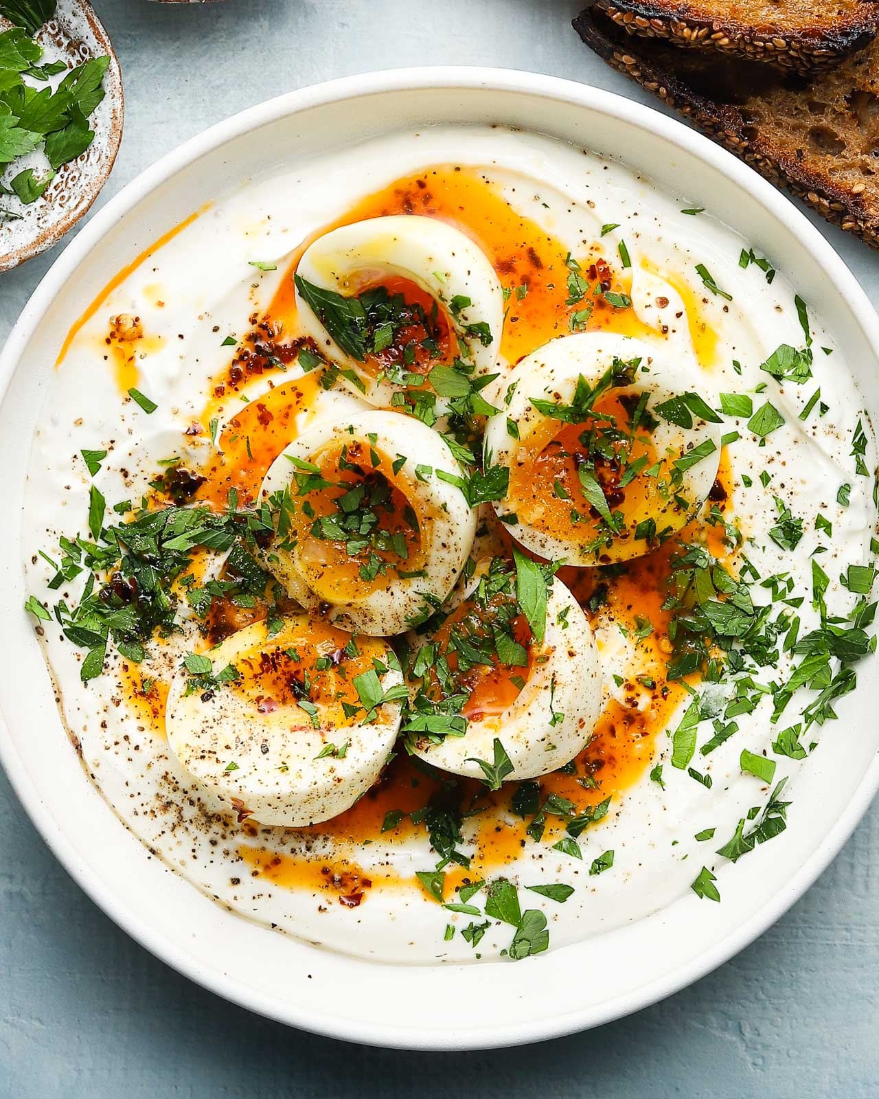Jammy Eggs With Chili Butter And Garlic Yogurt Lindsey Eats