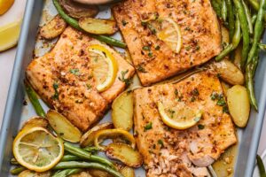 Lemon Butter Sheetpan Baked Trout Olive Mango