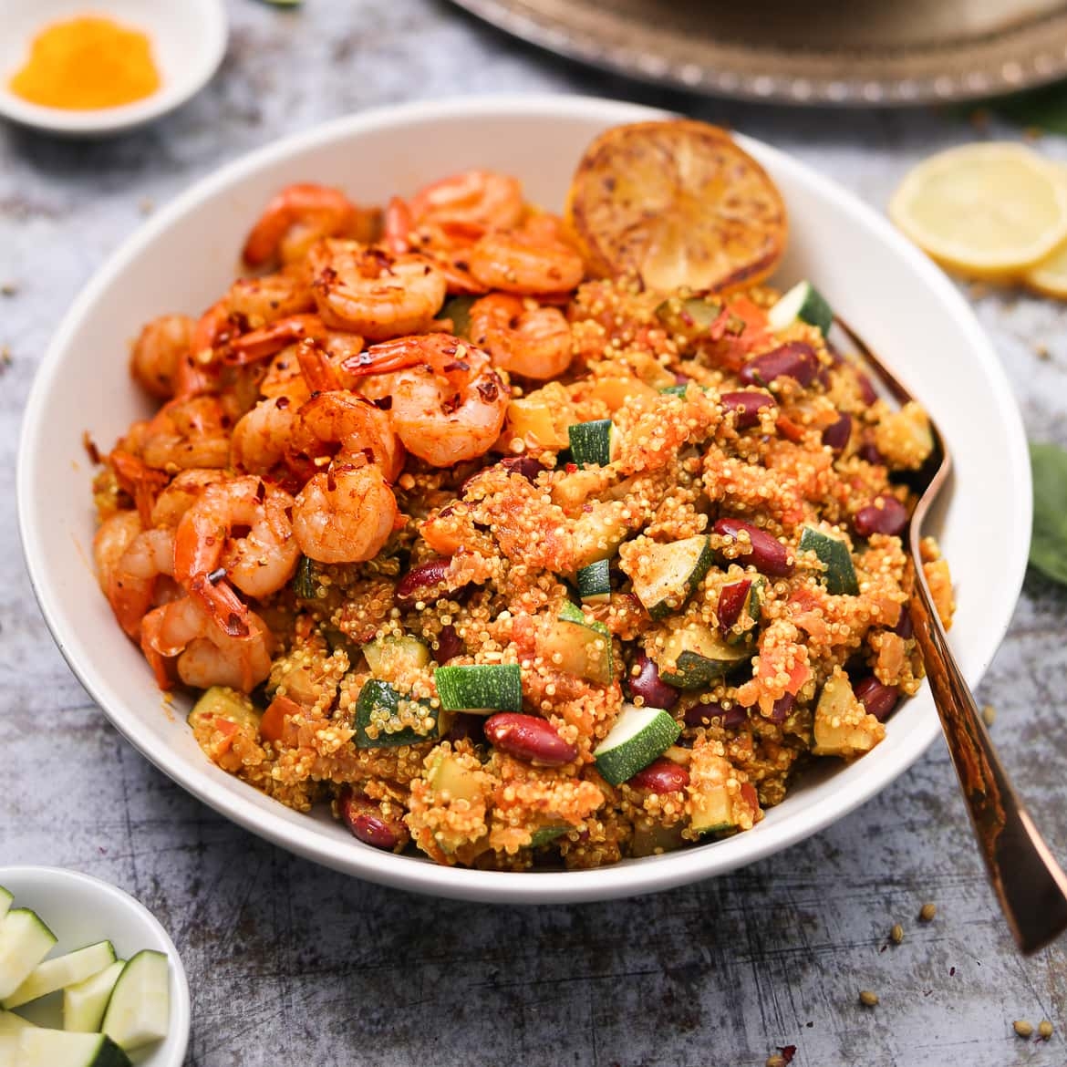 One Pan Garlic Shrimp Quinoa Desi licious RD