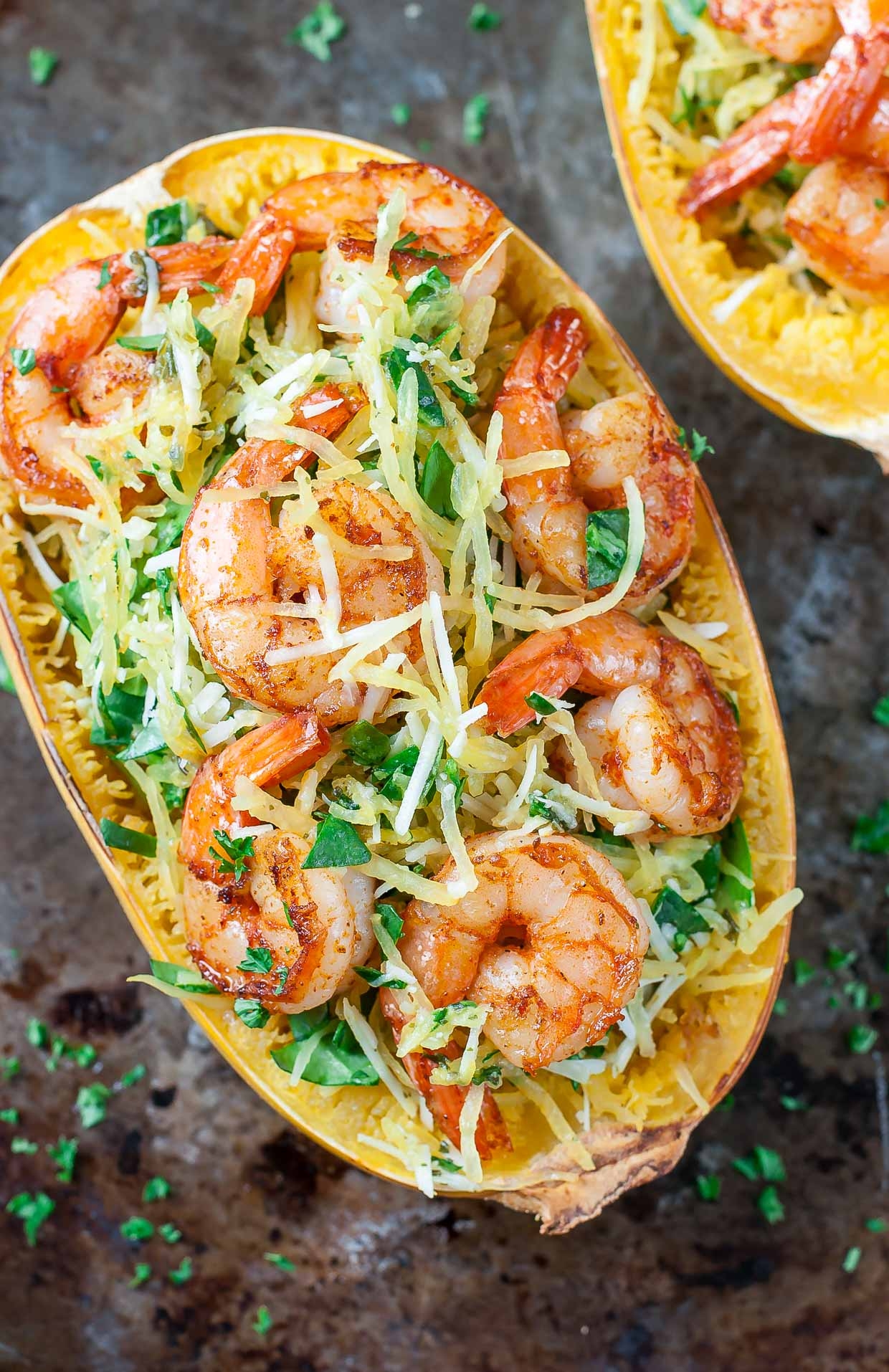 Parmesan Pesto Spaghetti Squash With Shrimp