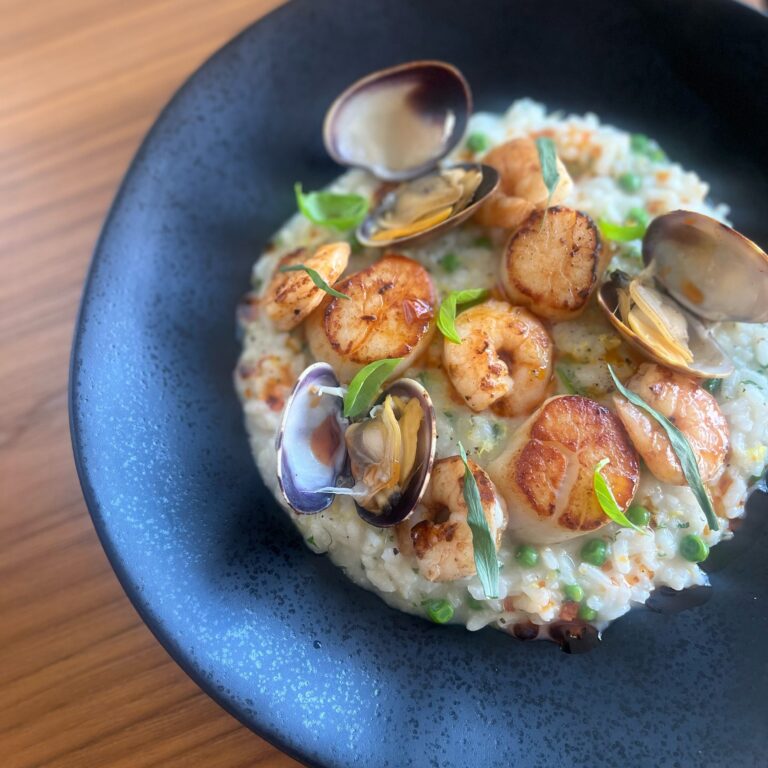 Risotto With Seared Scallops Prawns Clams Green Peas Fresh Herbs Think Rice Canada 
