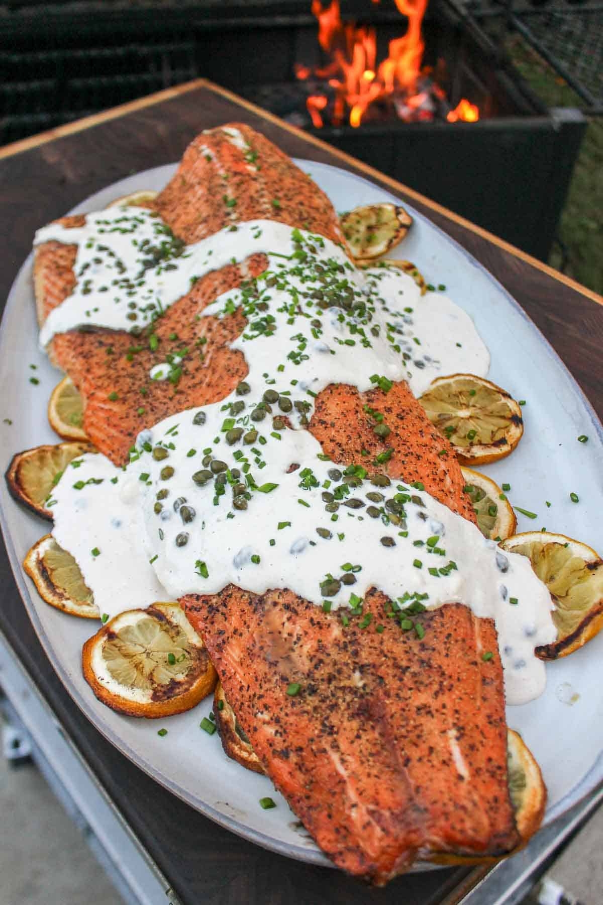 Roasted Salmon With Horseradish Sauce Over The Fire Cooking