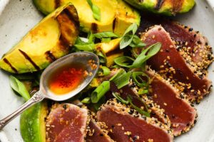 Sesame Seared Ahi Tuna With Grilled Avocados Lindsey Eats