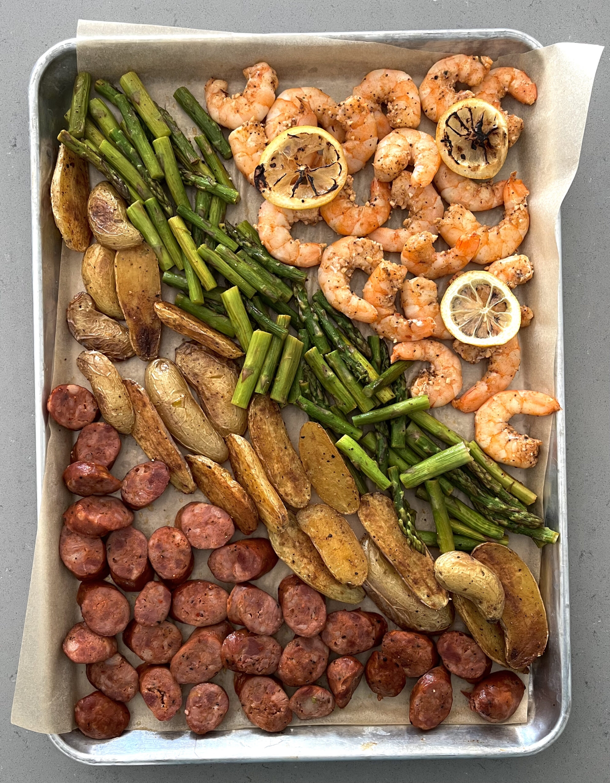 Sheet Pan Cajun Shrimp Chicken Sausage Asparagus And Fingerling Potatoes Sarah Koszyk Sheet Pan Cajun Shrimp Chicken Sausage Asparagus And Fingerling Potatoes Sarah Koszyk