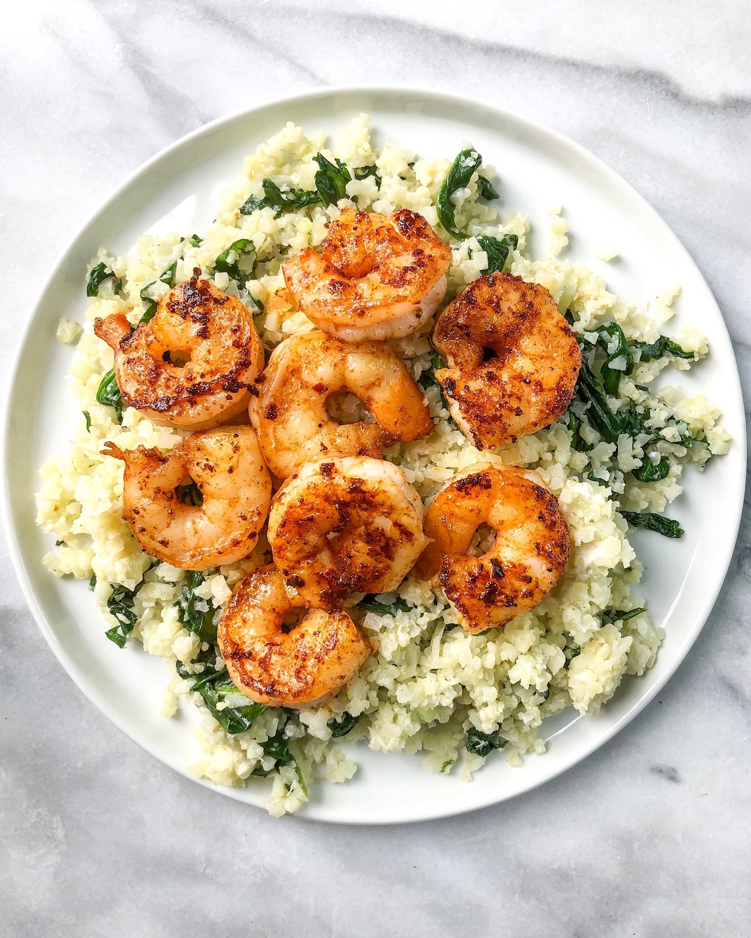Spicy Shrimp Over Creamy Spinach Cauliflower Rice Mary s Whole Life