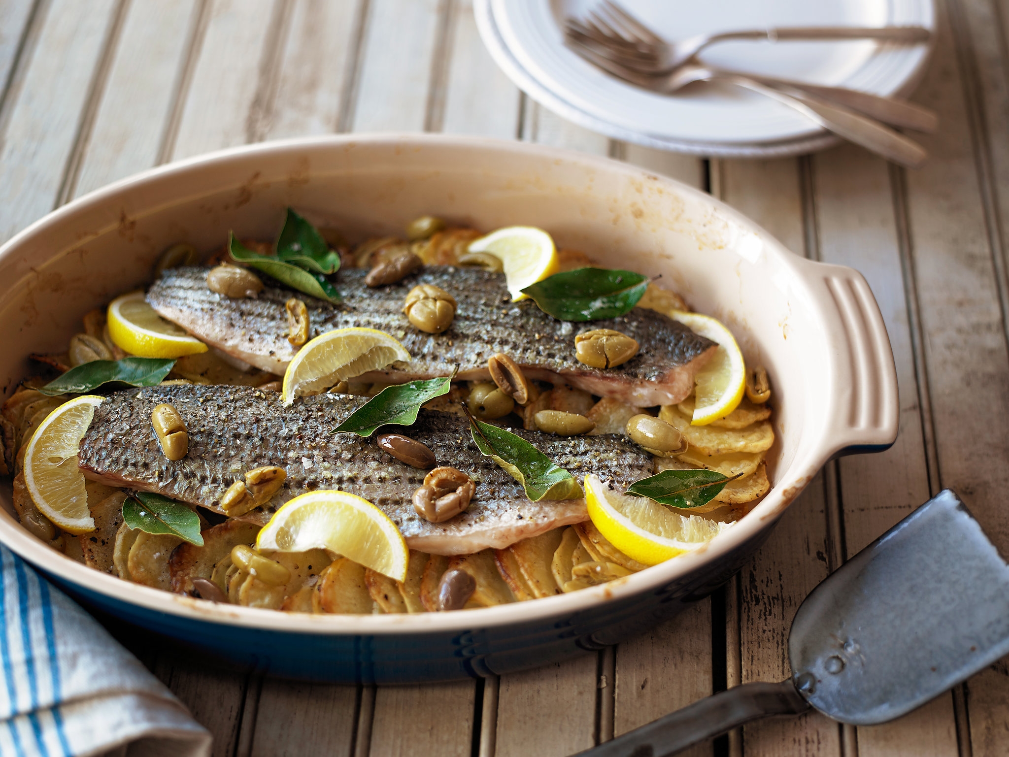 Striped Bass With Potatoes And Olives Recipe