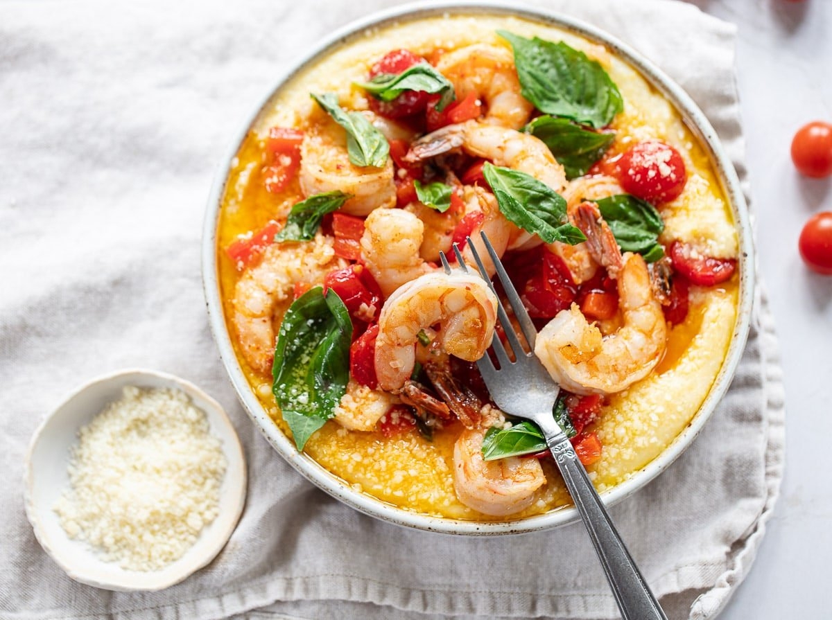 Tomato Basil Shrimp And Polenta Familystyle Food