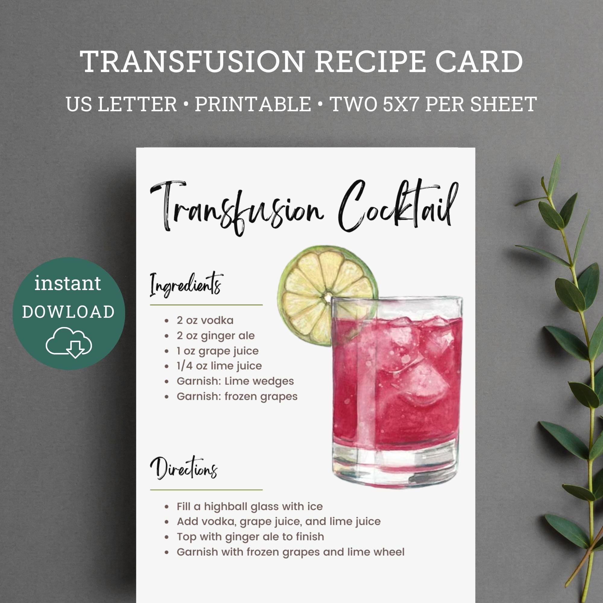 Transfusion Cocktail Printable Recipe Card Golf Drink Basket Cocktails On The Green Golf Gift Basket Golf Party Etsy